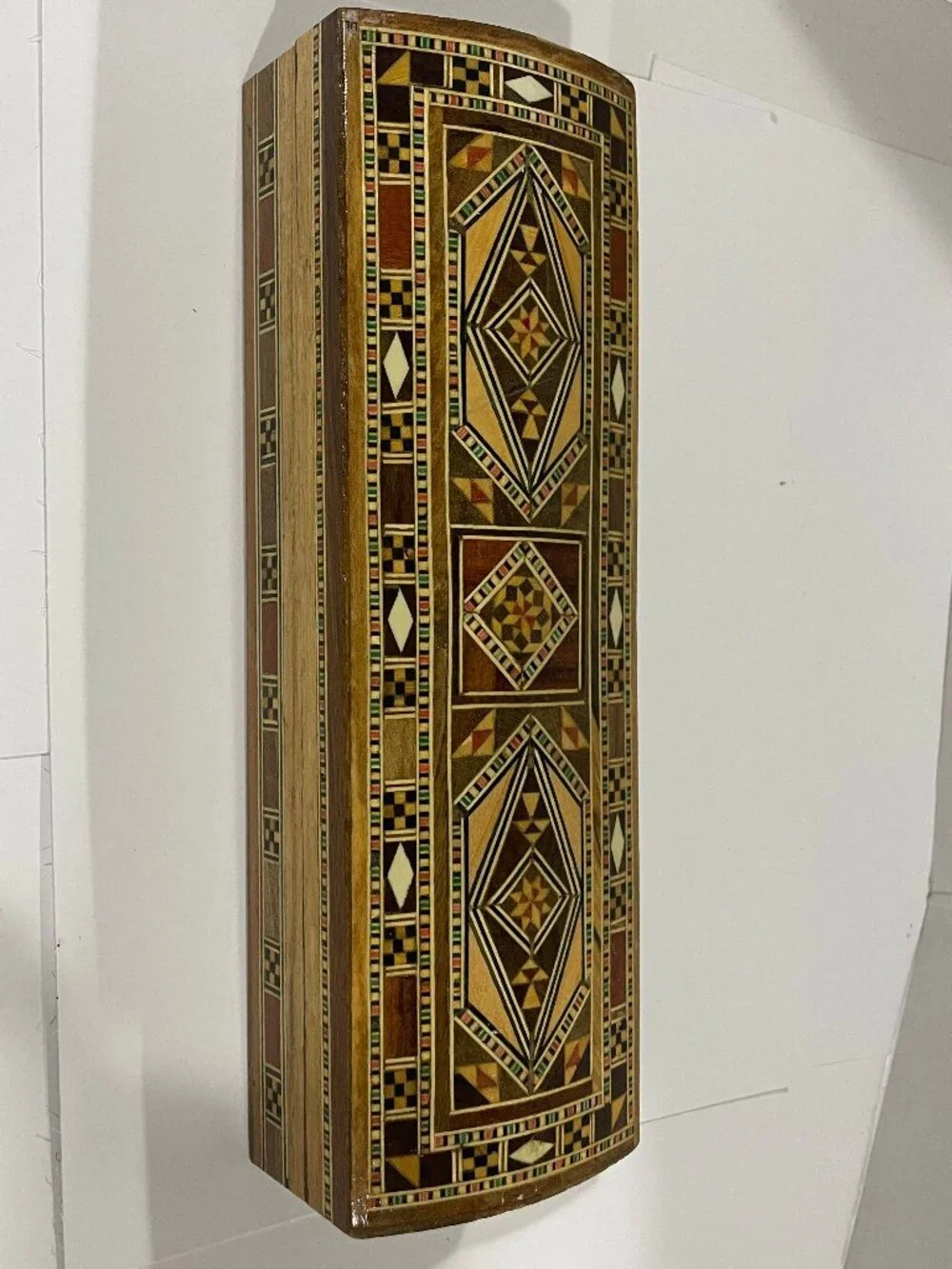 Vtg Persian Micro-Mosaic Wooden Marquetry Geometric Trinket Jewelry Box 9.25x3